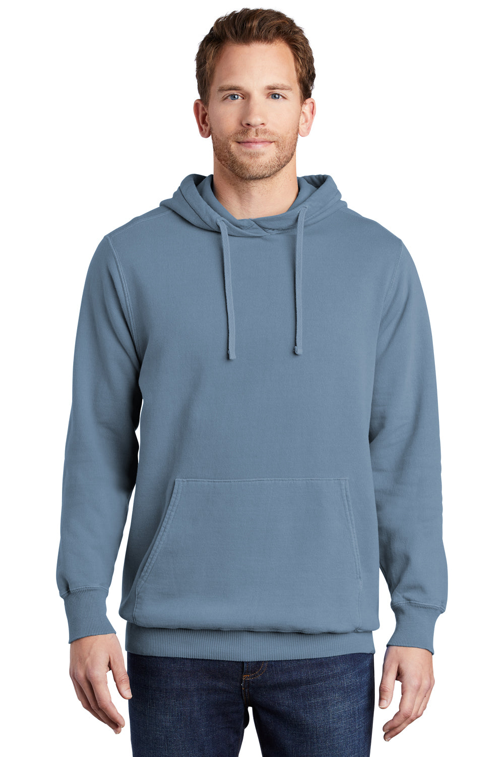 Port & Company PC098H Mens Beach Wash Fleece Hooded Sweatshirt Hoodie Denim Blue Front