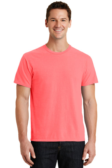 Port & Company PC099 Mens Beach Wash Short Sleeve Crewneck T-Shirt Neon Coral Pink Front