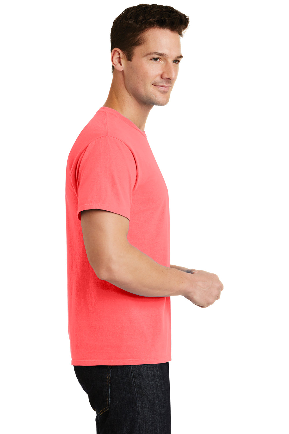 Port & Company PC099 Mens Beach Wash Short Sleeve Crewneck T-Shirt Neon Coral Pink Side
