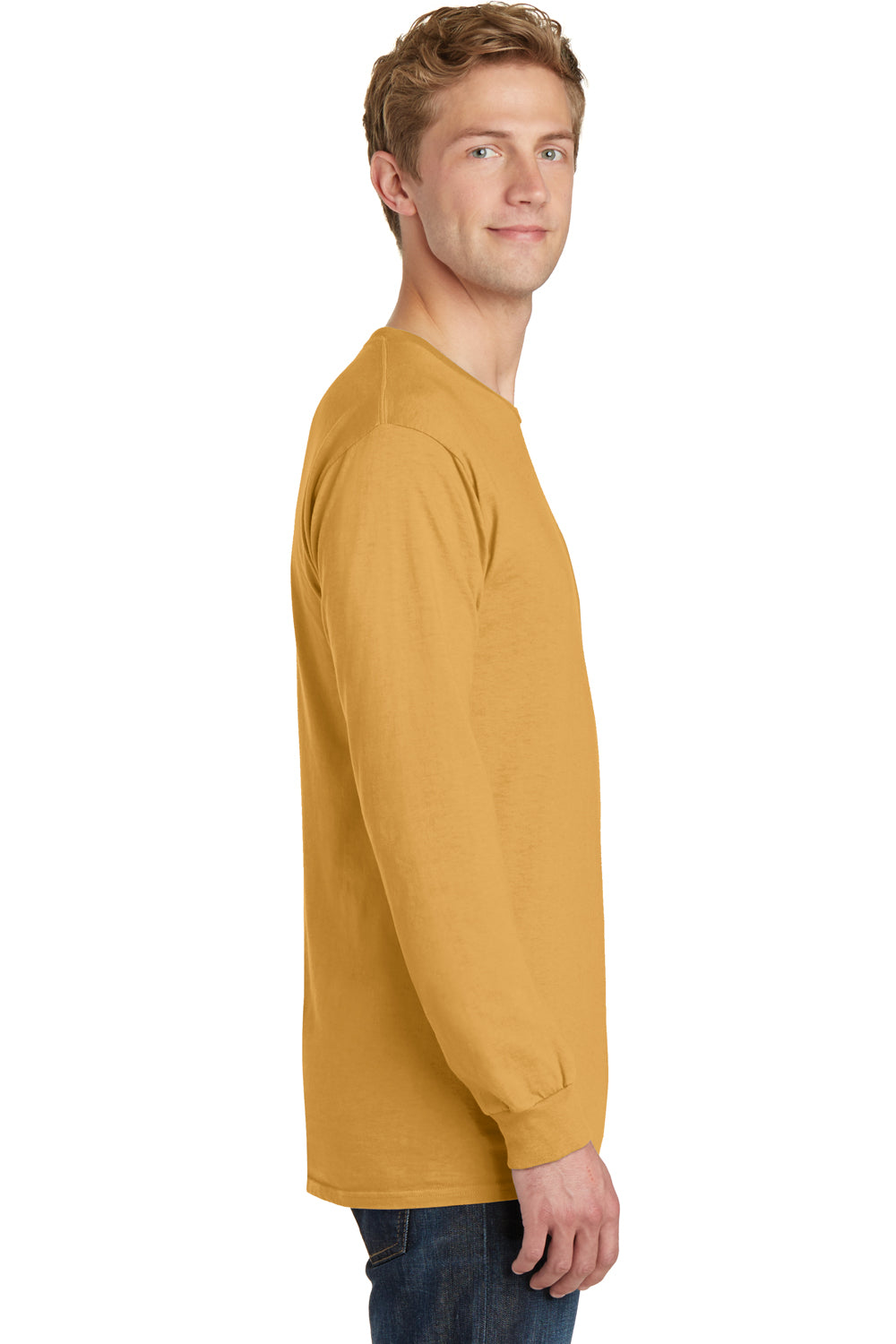 Port & Company PC099LS Mens Beach Wash Long Sleeve Crewneck T-Shirt Dijon Yellow Side