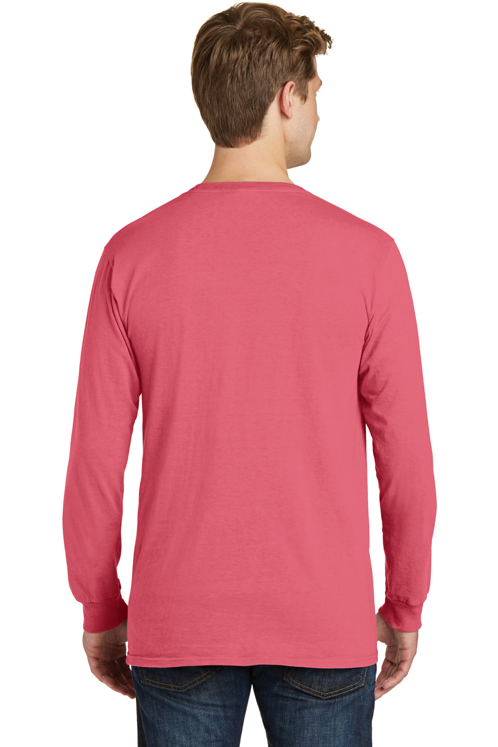 Port & Company PC099LS Mens Beach Wash Long Sleeve Crewneck T-Shirt Fruit Punch Pink Back