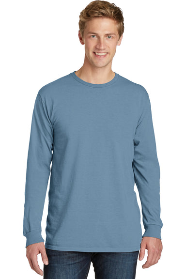 Port & Company PC099LS Mens Beach Wash Long Sleeve Crewneck T-Shirt Mist Blue Front