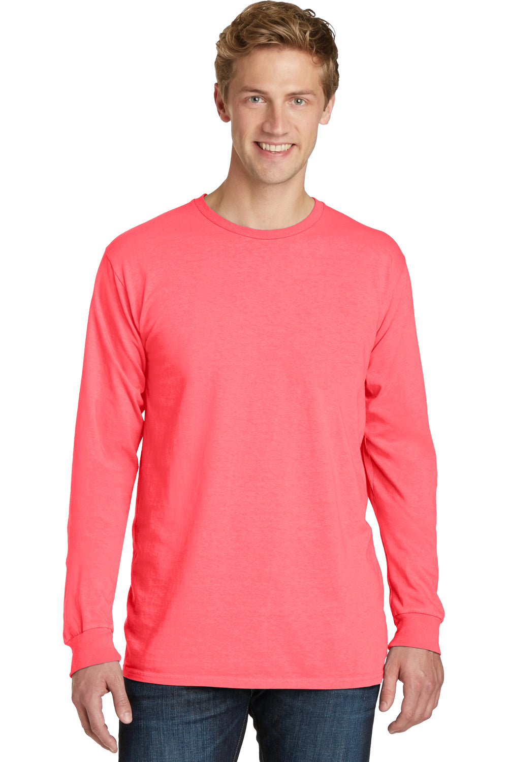 Port & Company PC099LS Mens Beach Wash Long Sleeve Crewneck T-Shirt Neon Coral Pink Front