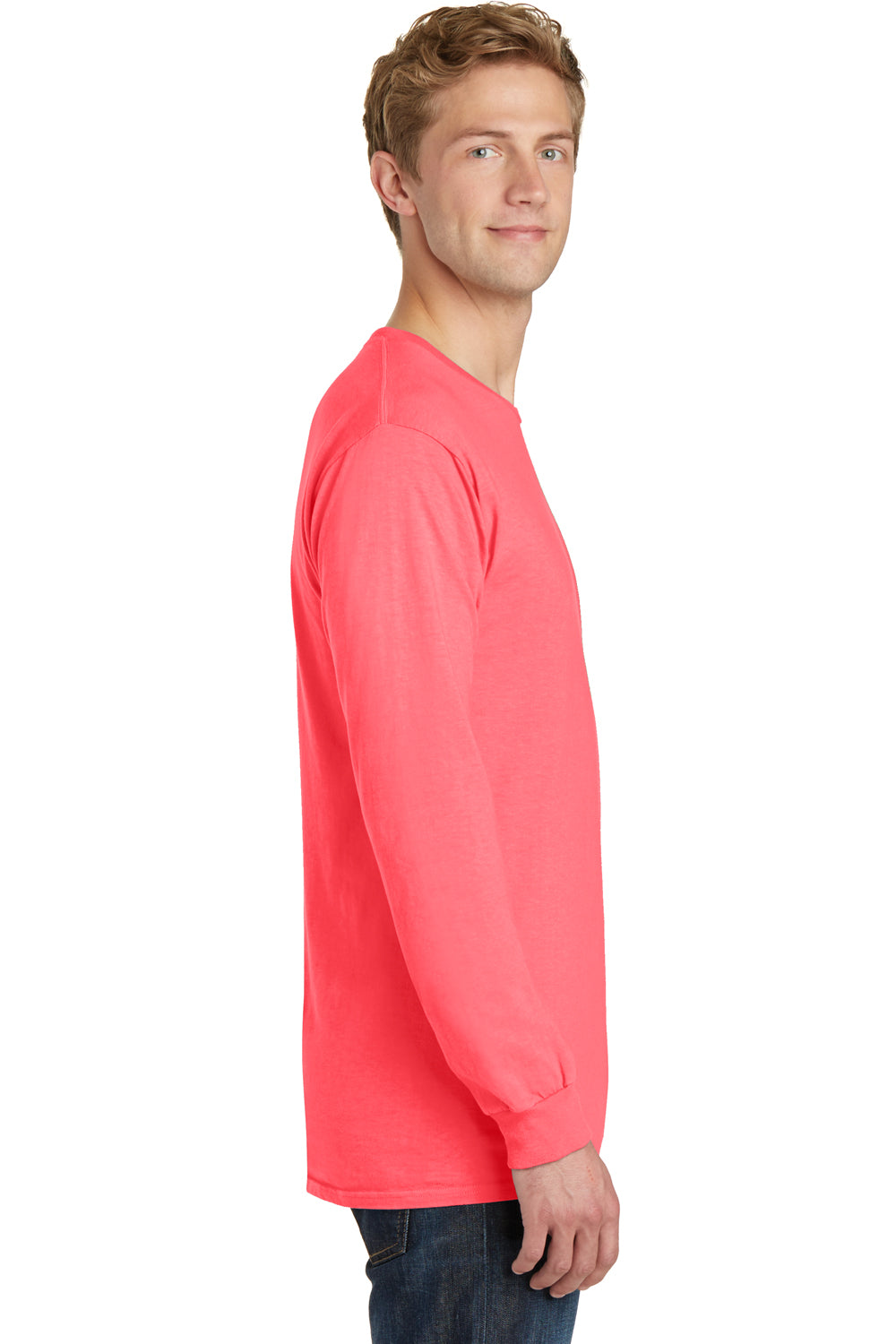 Port & Company PC099LS Mens Beach Wash Long Sleeve Crewneck T-Shirt Neon Coral Pink Side