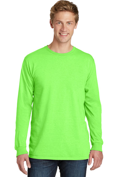 Port & Company PC099LS Mens Beach Wash Long Sleeve Crewneck T-Shirt Neon Green Front