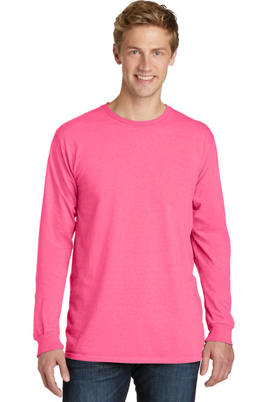 Port & Company PC099LS Mens Beach Wash Long Sleeve Crewneck T-Shirt Neon Pink Front