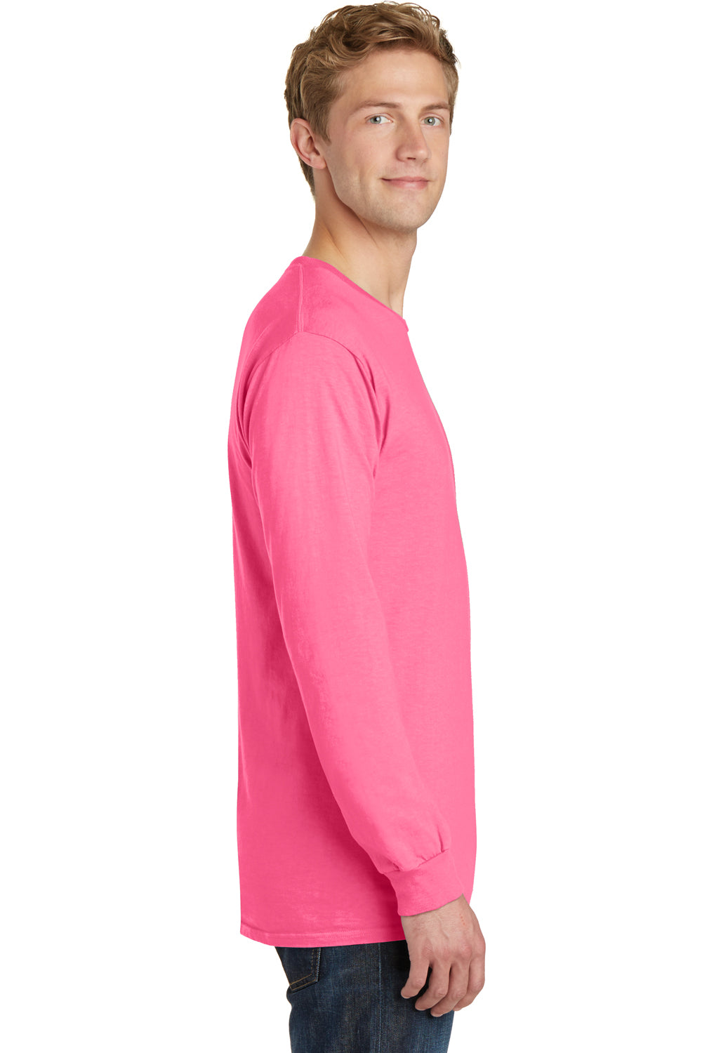 Port & Company PC099LS Mens Beach Wash Long Sleeve Crewneck T-Shirt Neon Pink Side