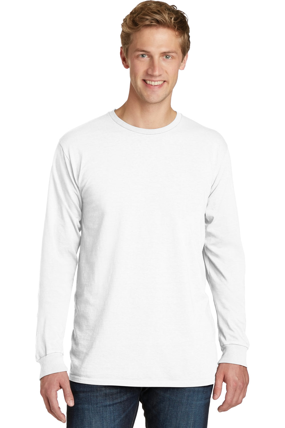 Port & Company PC099LS Mens Beach Wash Long Sleeve Crewneck T-Shirt White Front