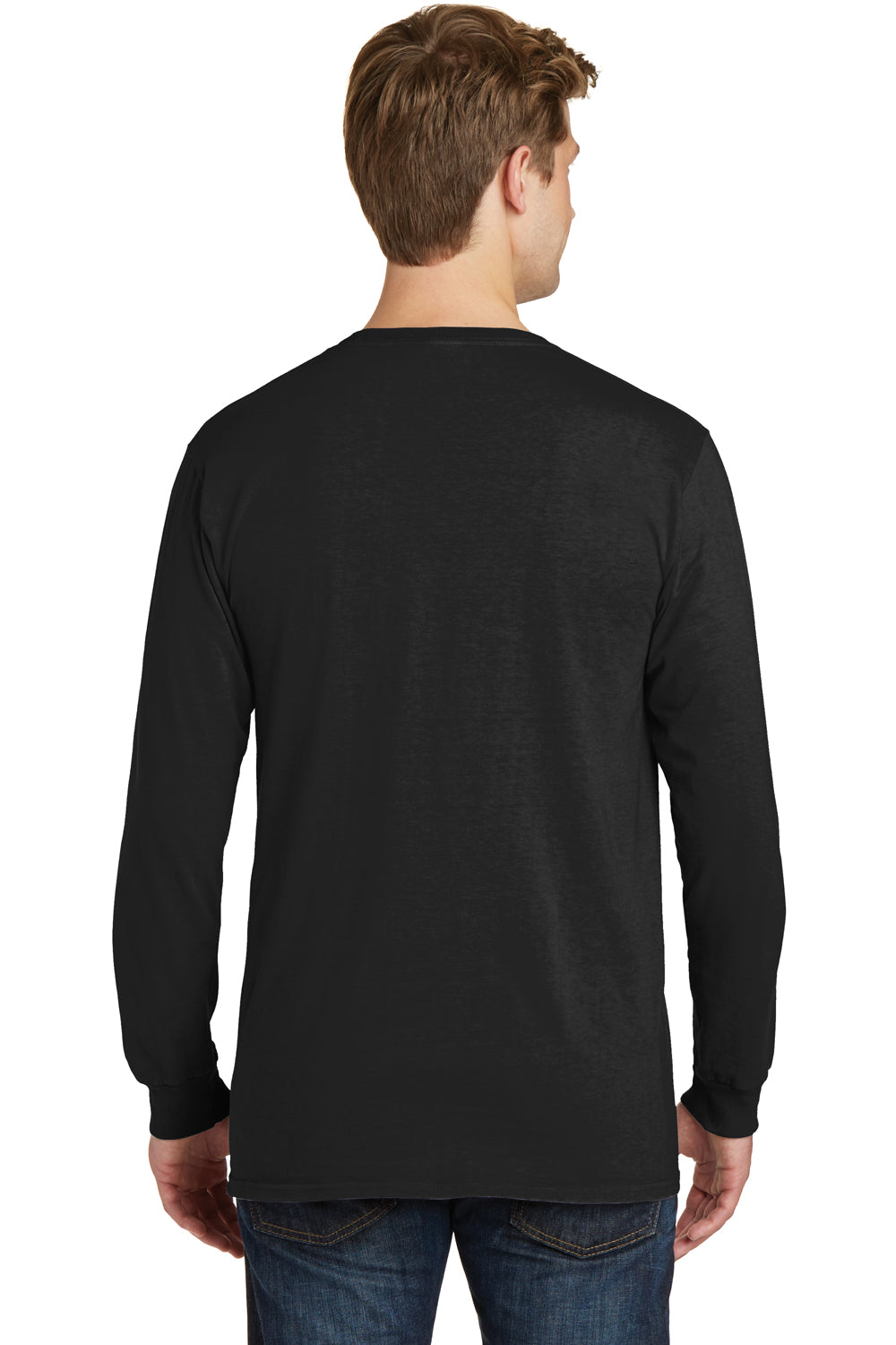Port & Company PC099LSP Mens Beach Wash Long Sleeve Crewneck T-Shirt w/ Pocket Black Back