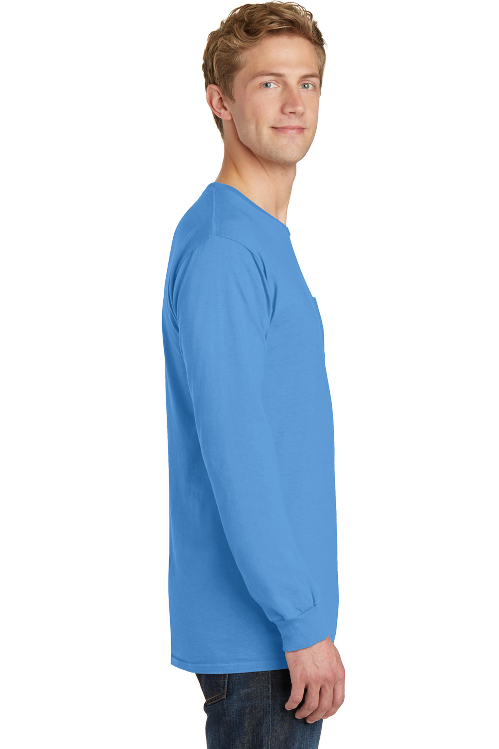 Port & Company PC099LSP Mens Beach Wash Long Sleeve Crewneck T-Shirt w/ Pocket Blue Moon Side