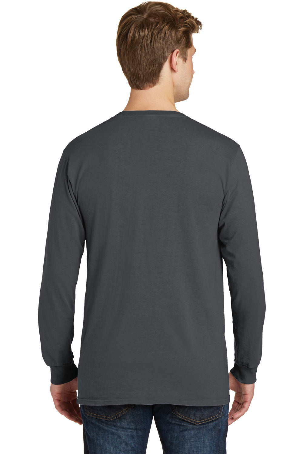 Port & Company PC099LSP Mens Beach Wash Long Sleeve Crewneck T-Shirt w/ Pocket Coal Grey Back