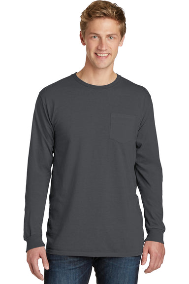 Port & Company PC099LSP Mens Beach Wash Long Sleeve Crewneck T-Shirt w/ Pocket Coal Grey Front