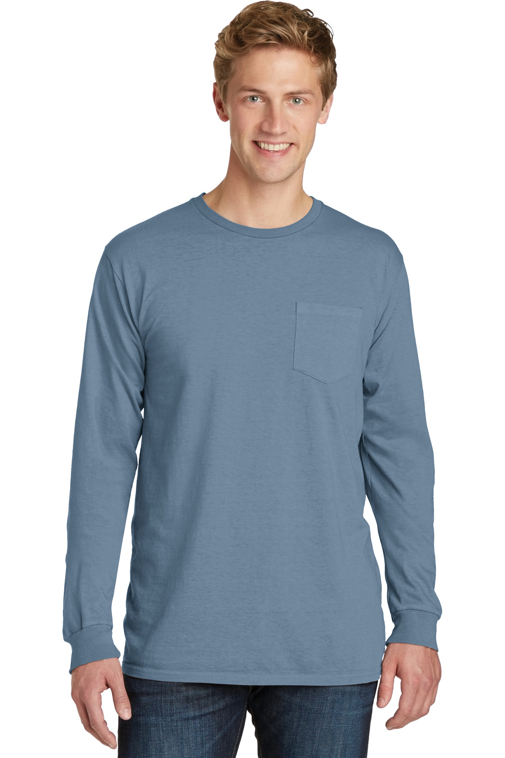 Port & Company PC099LSP Mens Beach Wash Long Sleeve Crewneck T-Shirt w/ Pocket Denim Blue Front