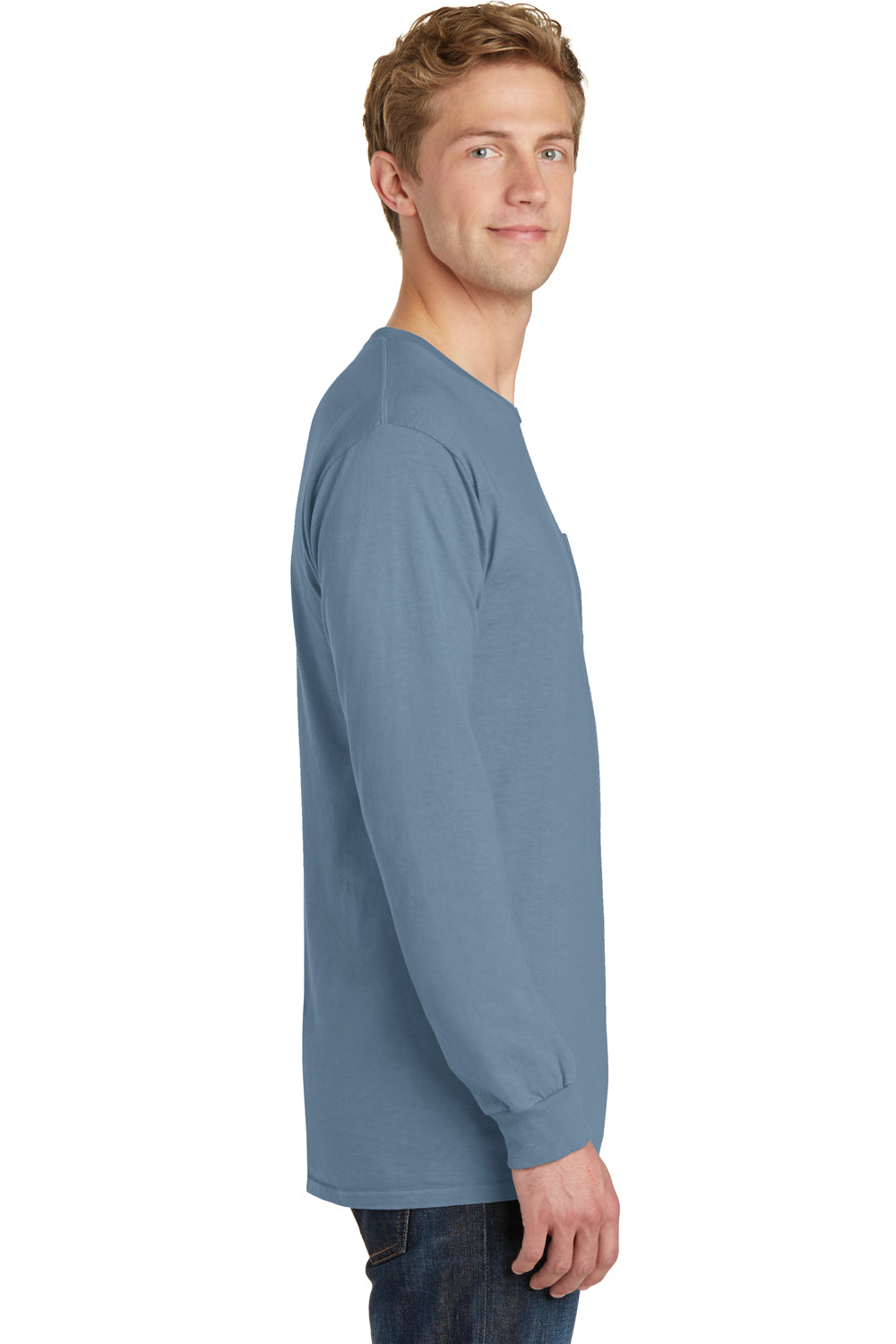 Port & Company PC099LSP Mens Beach Wash Long Sleeve Crewneck T-Shirt w/ Pocket Denim Blue Side