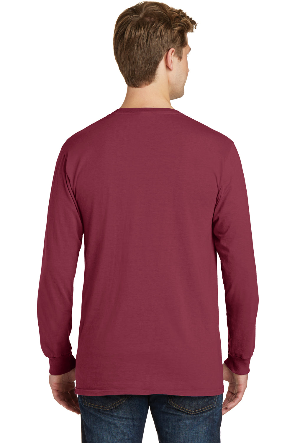 Port & Company PC099LSP Mens Beach Wash Long Sleeve Crewneck T-Shirt w/ Pocket Merlot Red Back