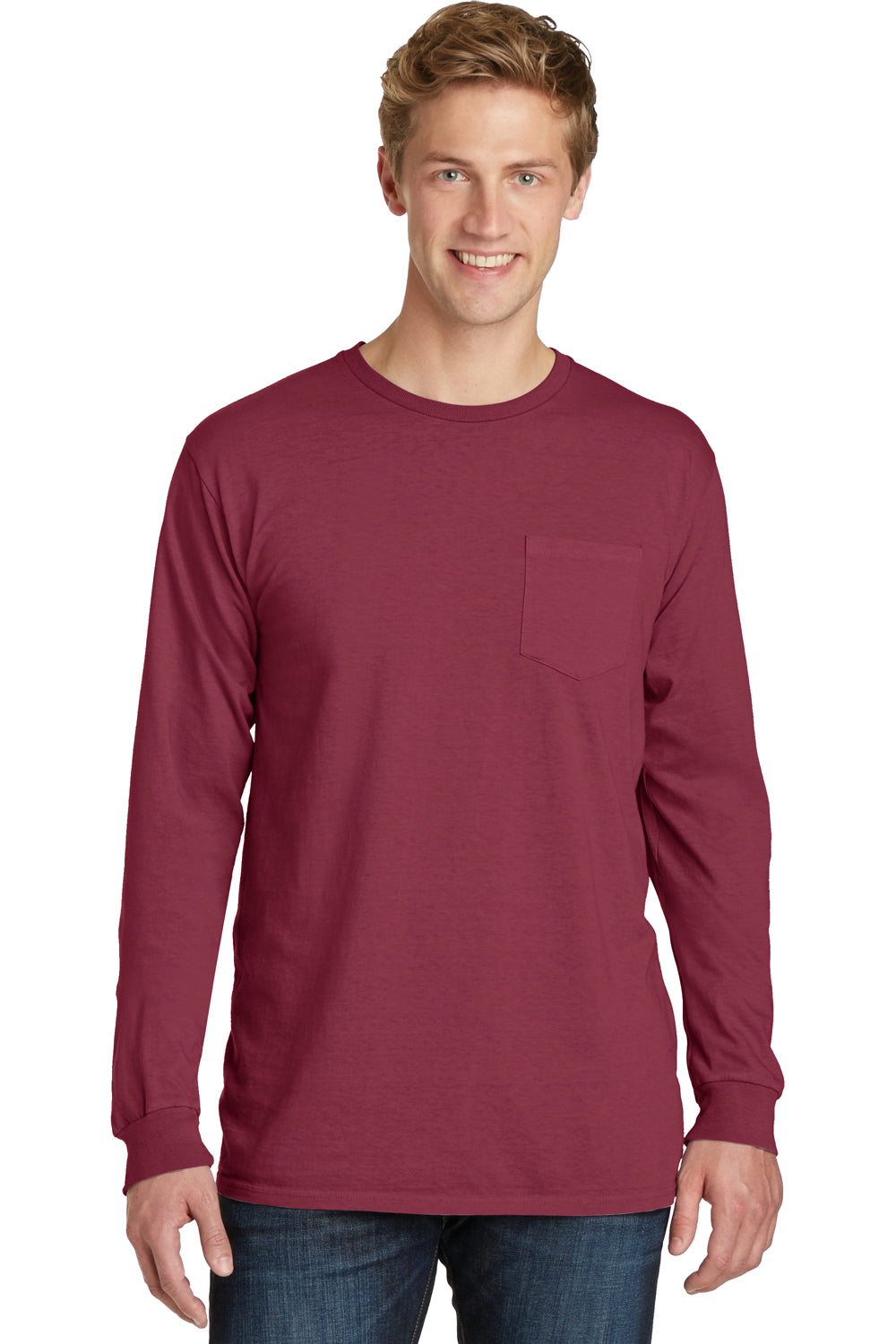 Port & Company PC099LSP Mens Beach Wash Long Sleeve Crewneck T-Shirt w/ Pocket Merlot Red Front