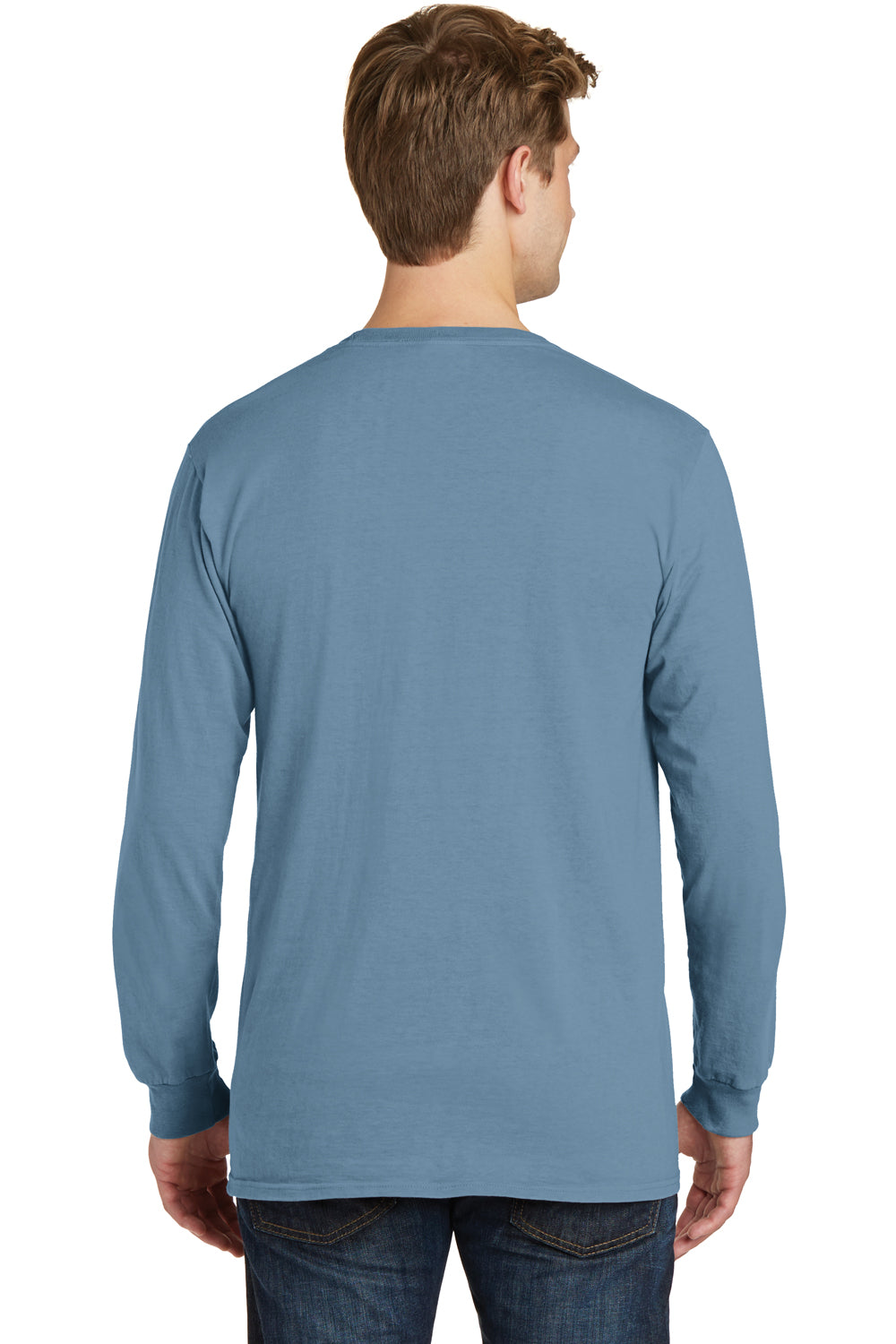 Port & Company PC099LSP Mens Beach Wash Long Sleeve Crewneck T-Shirt w/ Pocket Mist Blue Back