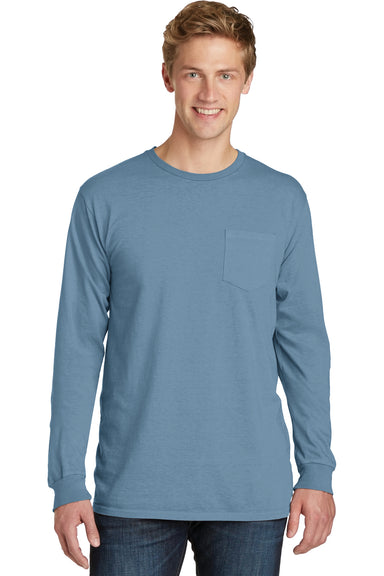 Port & Company PC099LSP Mens Beach Wash Long Sleeve Crewneck T-Shirt w/ Pocket Mist Blue Front
