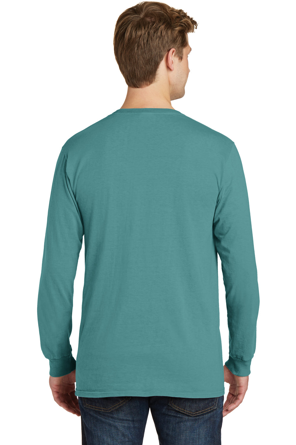 Port & Company PC099LSP Mens Beach Wash Long Sleeve Crewneck T-Shirt w/ Pocket Peacock Green Back