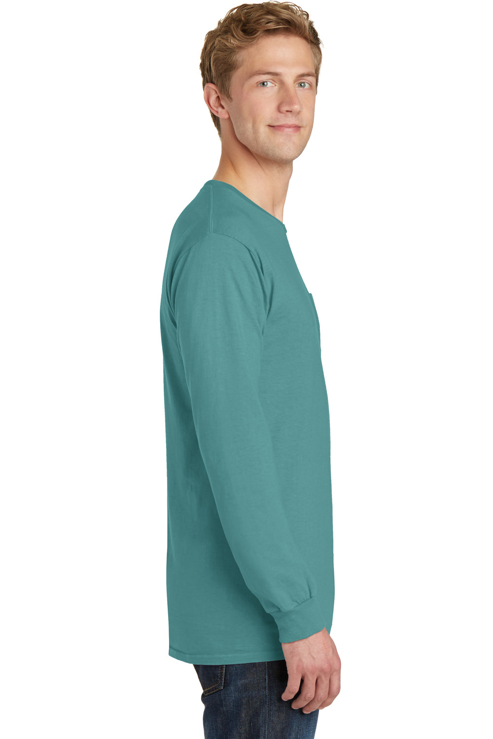 Port & Company PC099LSP Mens Beach Wash Long Sleeve Crewneck T-Shirt w/ Pocket Peacock Green Side