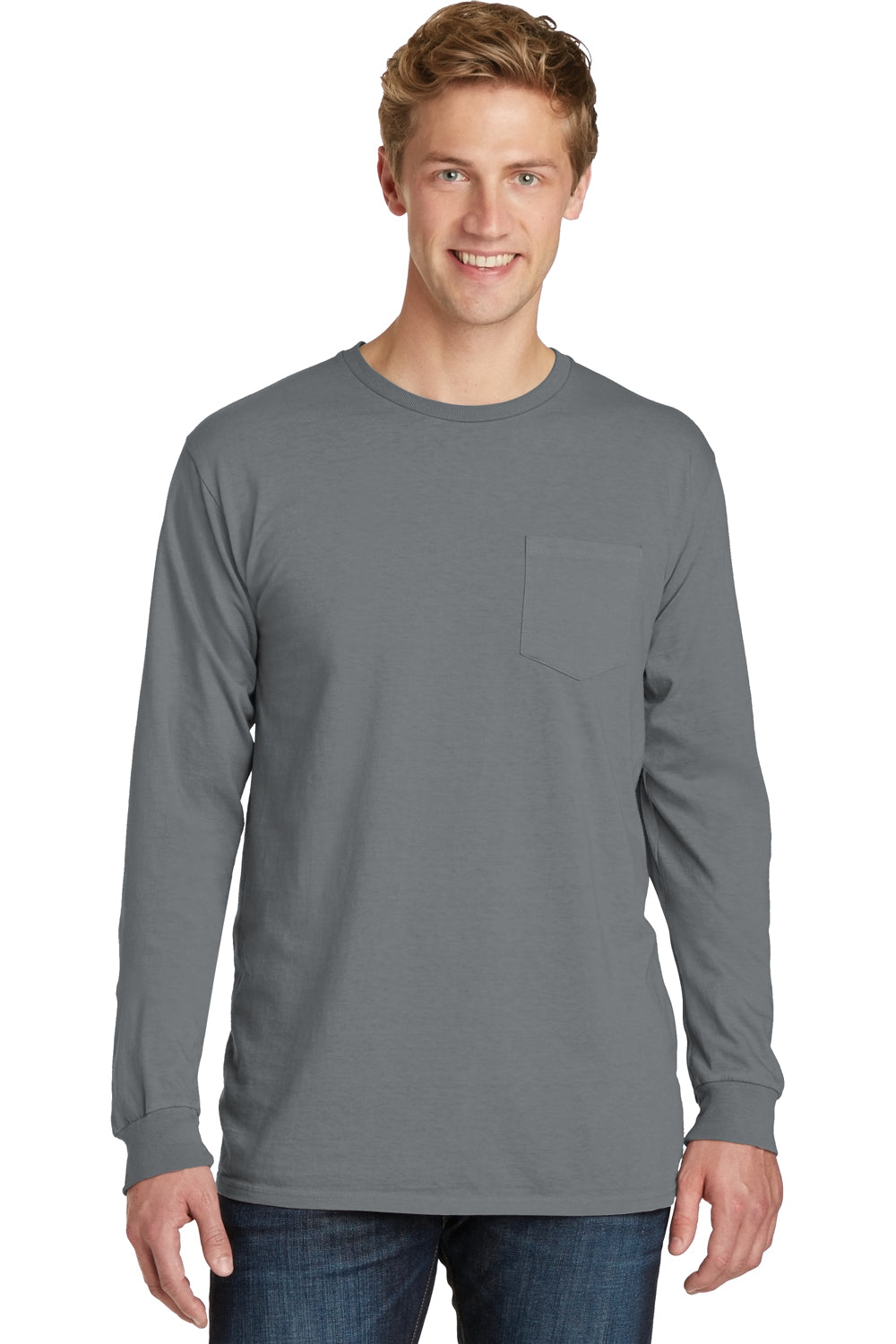 Port & Company PC099LSP Mens Beach Wash Long Sleeve Crewneck T-Shirt w/ Pocket Pewter Grey Front