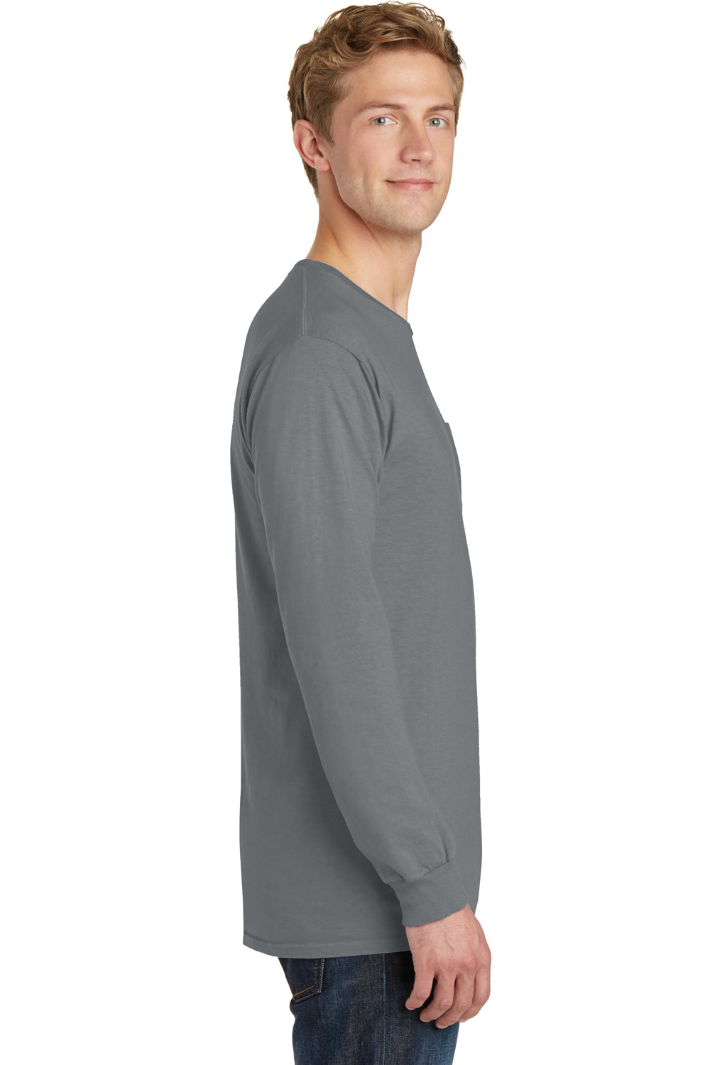 Port & Company PC099LSP Mens Beach Wash Long Sleeve Crewneck T-Shirt w/ Pocket Pewter Grey Side