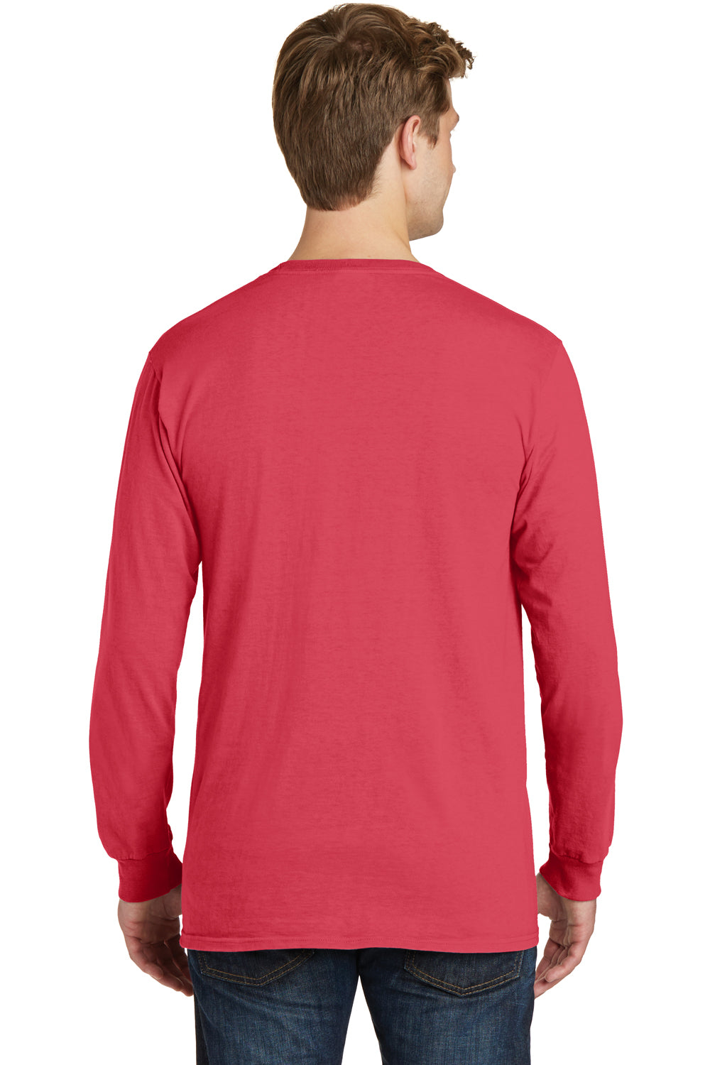 Port & Company PC099LSP Mens Beach Wash Long Sleeve Crewneck T-Shirt w/ Pocket Poppy Red Back