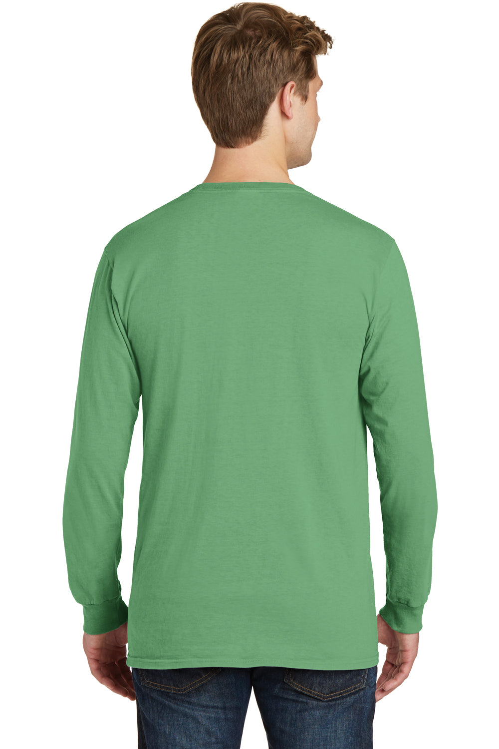 Port & Company PC099LSP Mens Beach Wash Long Sleeve Crewneck T-Shirt w/ Pocket Safari Green Back