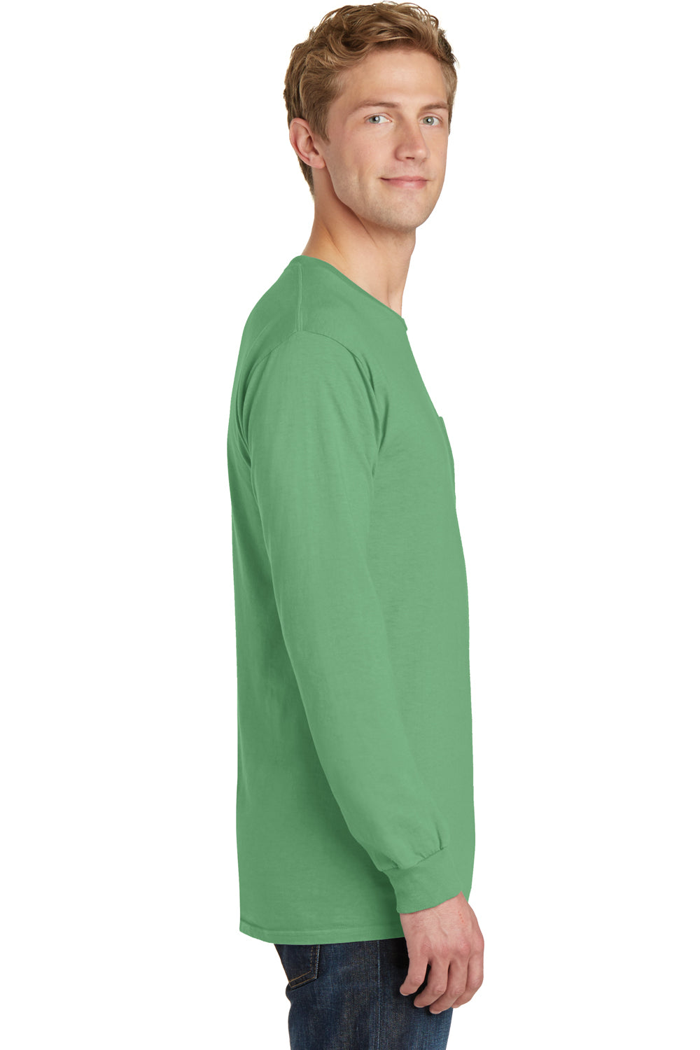 Port & Company PC099LSP Mens Beach Wash Long Sleeve Crewneck T-Shirt w/ Pocket Safari Green Side
