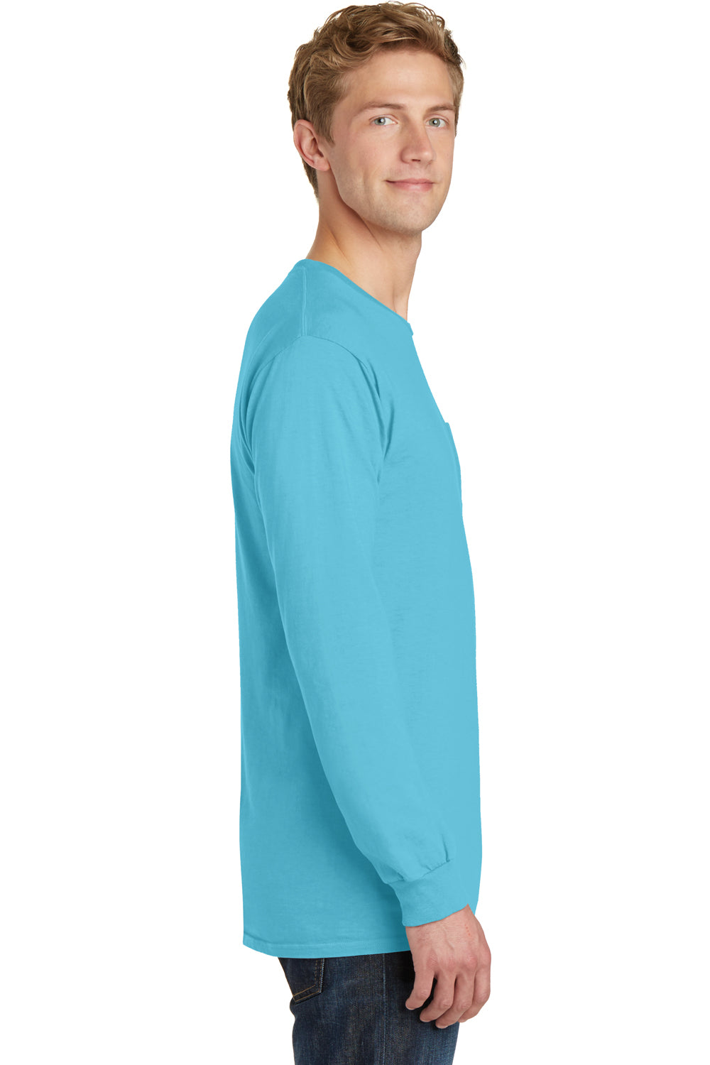 Port & Company PC099LSP Mens Beach Wash Long Sleeve Crewneck T-Shirt w/ Pocket Tidal Wave Blue Side