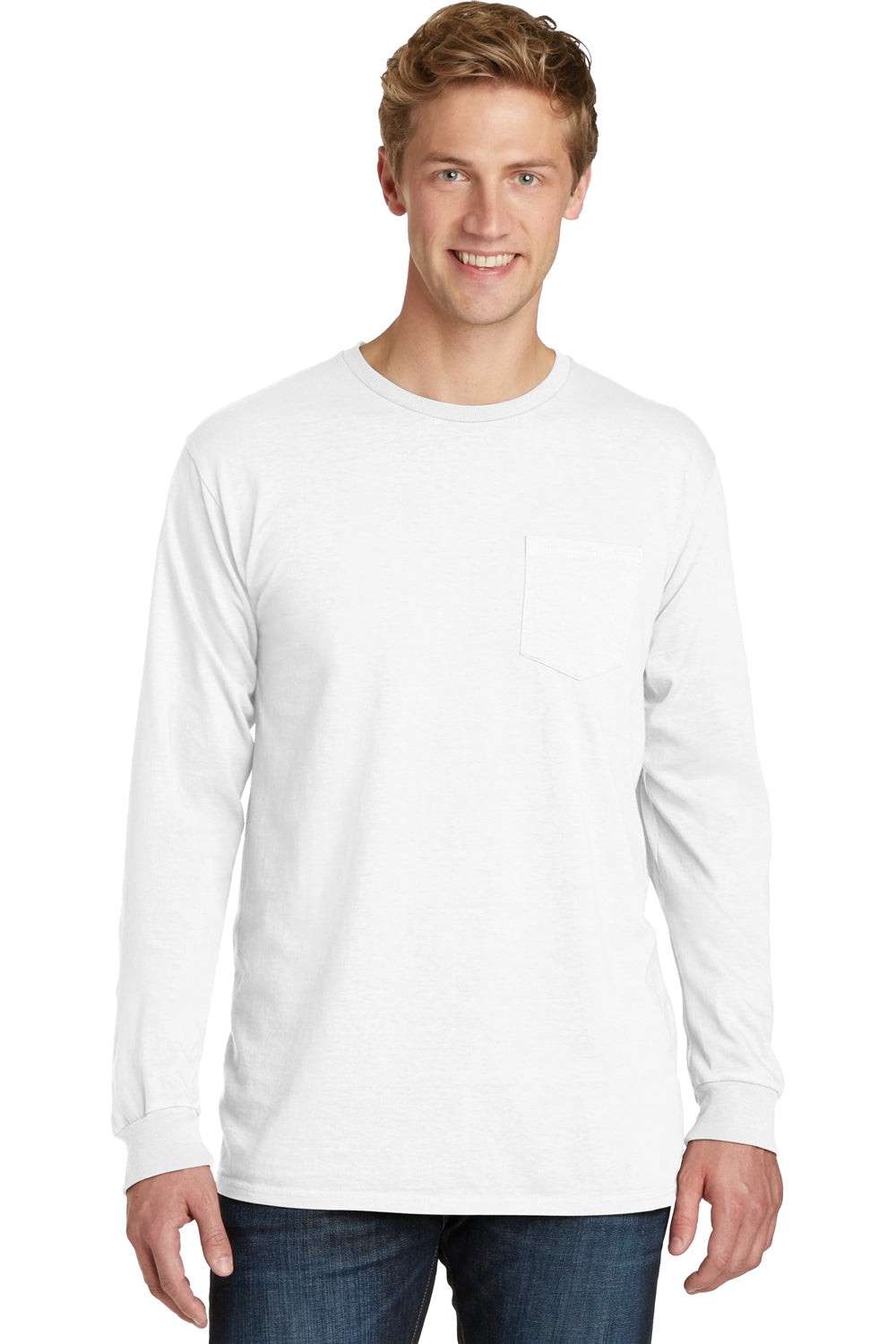 Port & Company PC099LSP Mens Beach Wash Long Sleeve Crewneck T-Shirt w/ Pocket White Front
