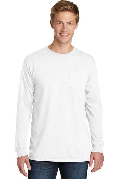Port & Company PC099LSP Mens Beach Wash Long Sleeve Crewneck T-Shirt w/ Pocket White Front
