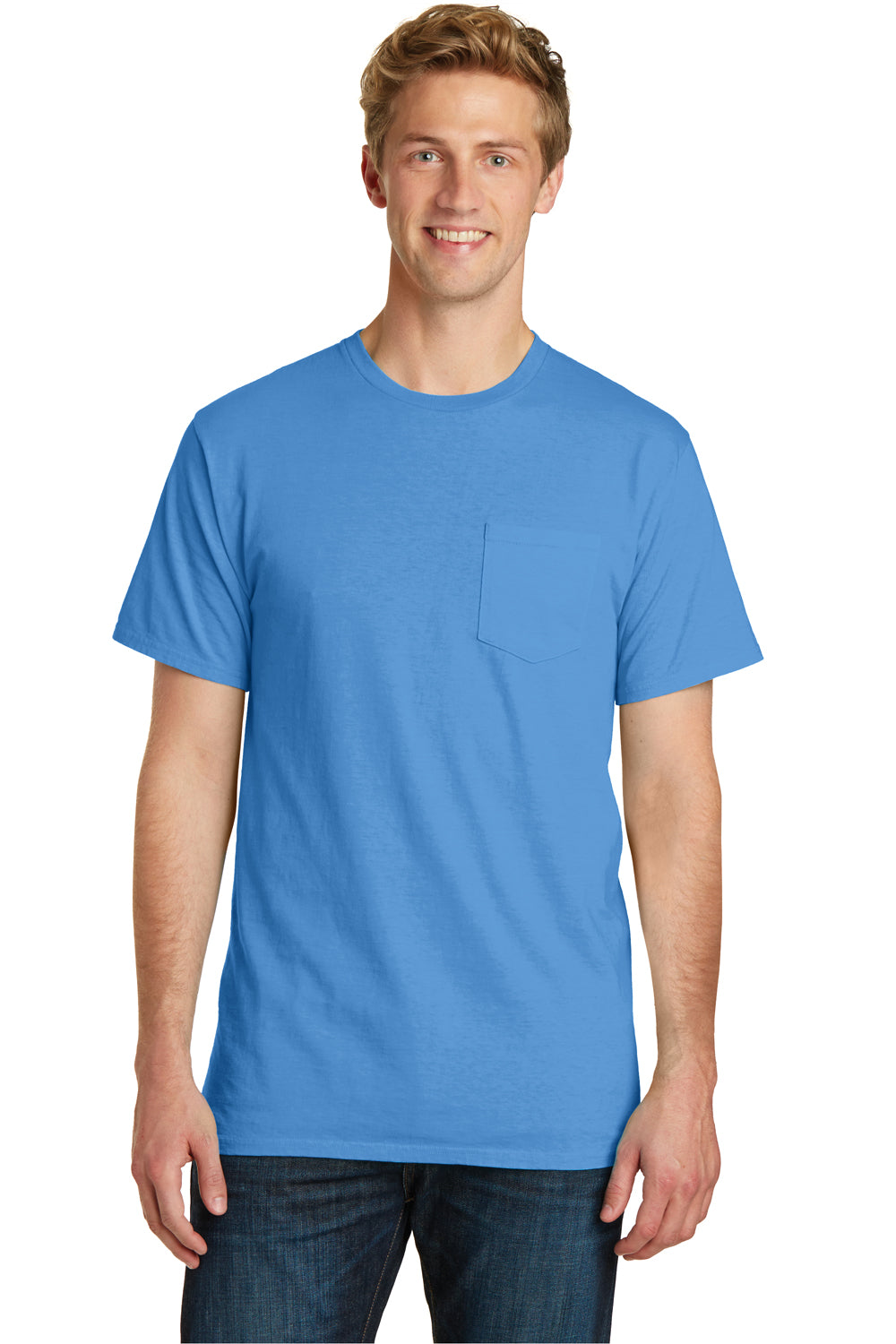 Port & Company PC099P Mens Beach Wash Short Sleeve Crewneck T-Shirt w/ Pocket Blue Moon Front