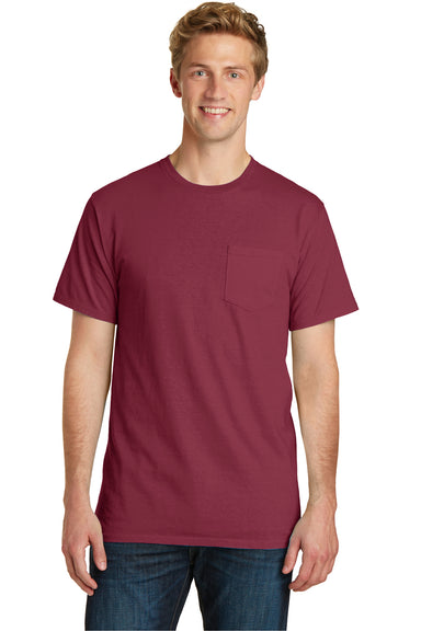 Port & Company PC099P Mens Beach Wash Short Sleeve Crewneck T-Shirt w/ Pocket Merlot Red Front