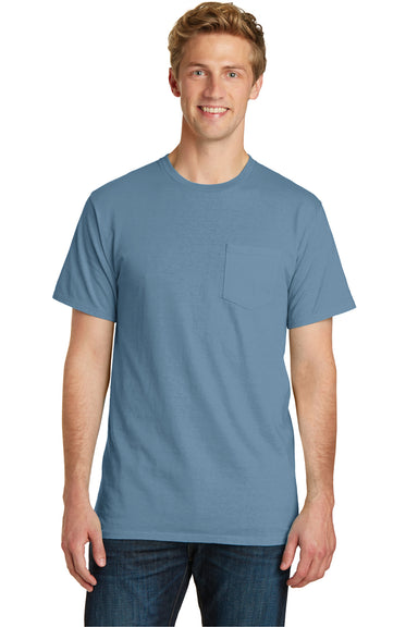 Port & Company PC099P Mens Beach Wash Short Sleeve Crewneck T-Shirt w/ Pocket Mist Blue Front