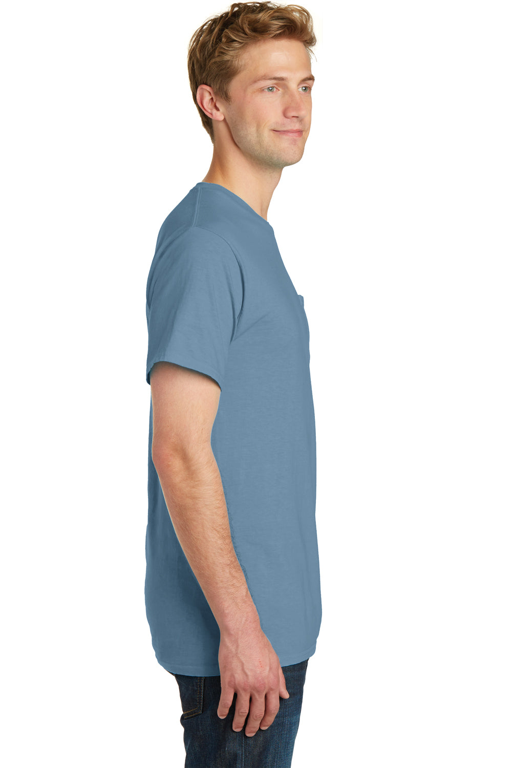 Port & Company PC099P Mens Beach Wash Short Sleeve Crewneck T-Shirt w/ Pocket Mist Blue Side