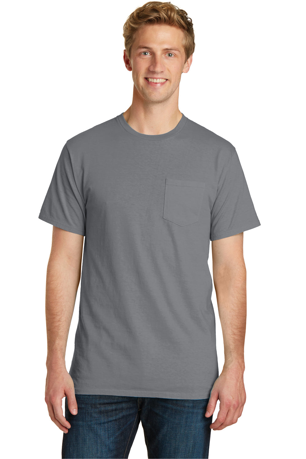 Port & Company PC099P Mens Beach Wash Short Sleeve Crewneck T-Shirt w/ Pocket Pewter Grey Front