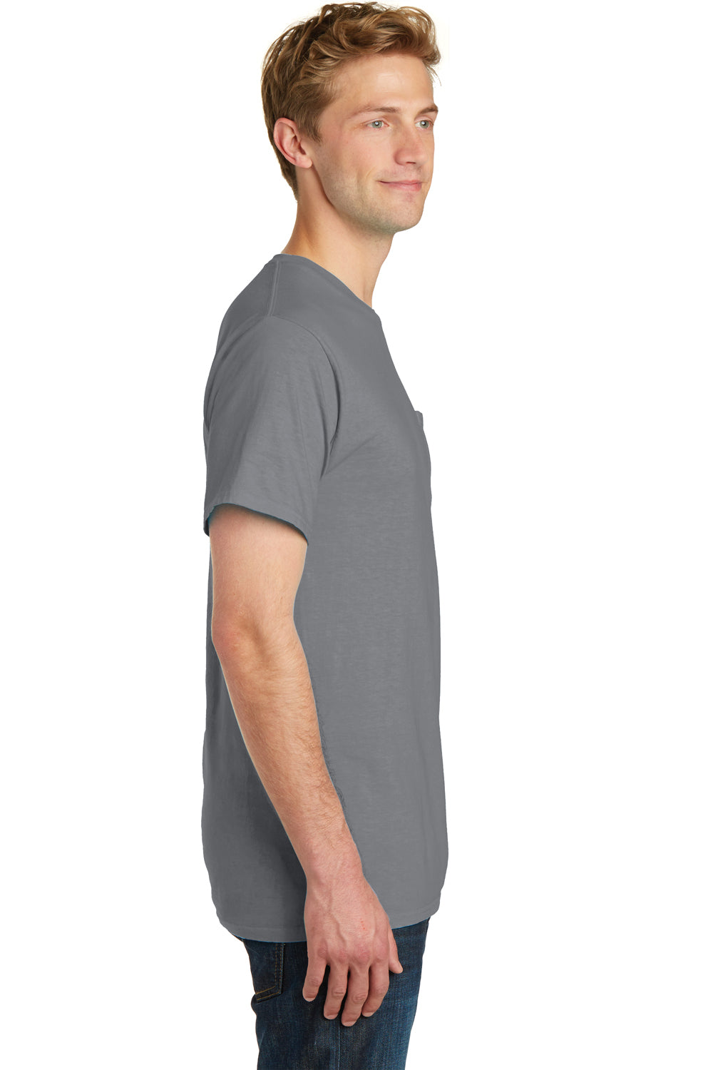 Port & Company PC099P Mens Beach Wash Short Sleeve Crewneck T-Shirt w/ Pocket Pewter Grey Side