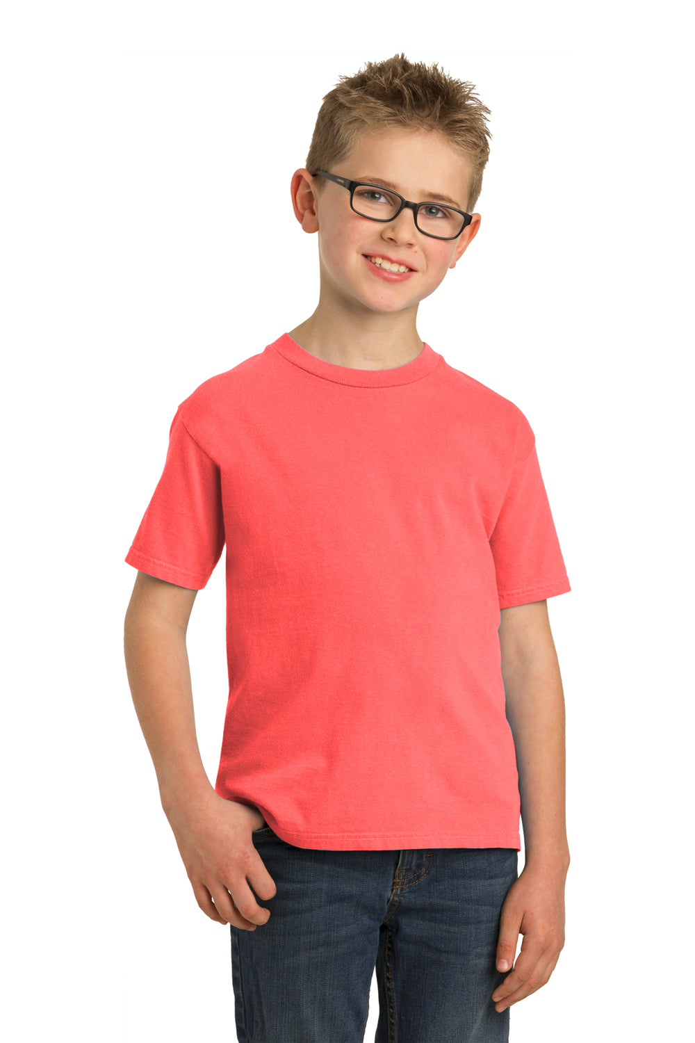 Port & Company PC099Y Youth Beach Wash Short Sleeve Crewneck T-Shirt Neon Coral Pink Front