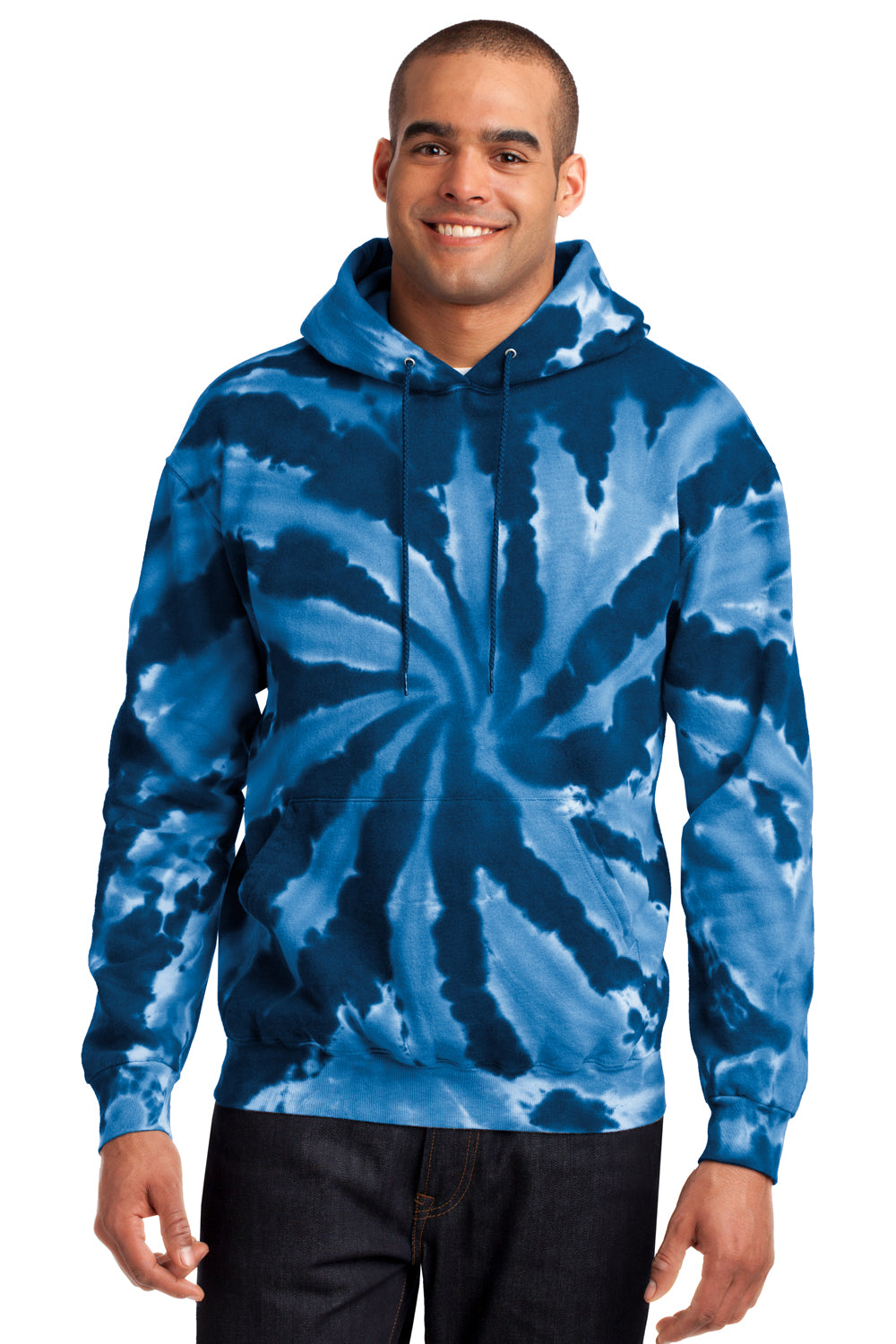 Port & Company PC146 Mens Tie-Dye Fleece Hooded Sweatshirt Hoodie Navy Blue Front