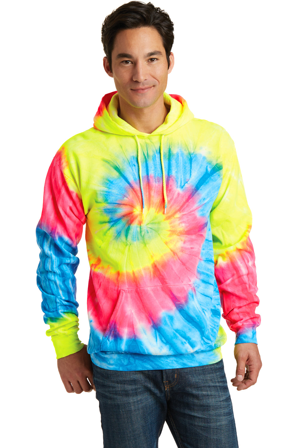 Port & Company PC146 Mens Tie-Dye Fleece Hooded Sweatshirt Hoodie Neon Rainbow Front