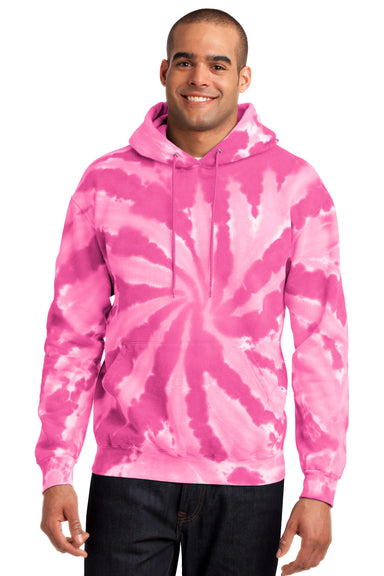 Port & Company PC146 Mens Tie-Dye Fleece Hooded Sweatshirt Hoodie Pink Front