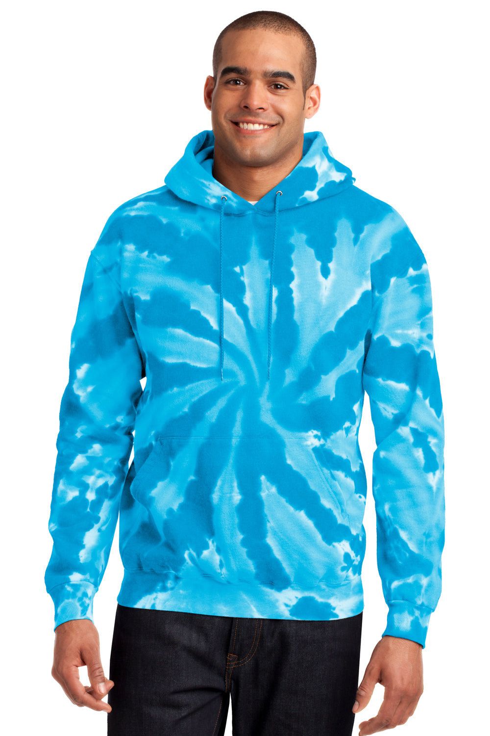 Port & Company PC146 Mens Tie-Dye Fleece Hooded Sweatshirt Hoodie Turquoise Blue Front