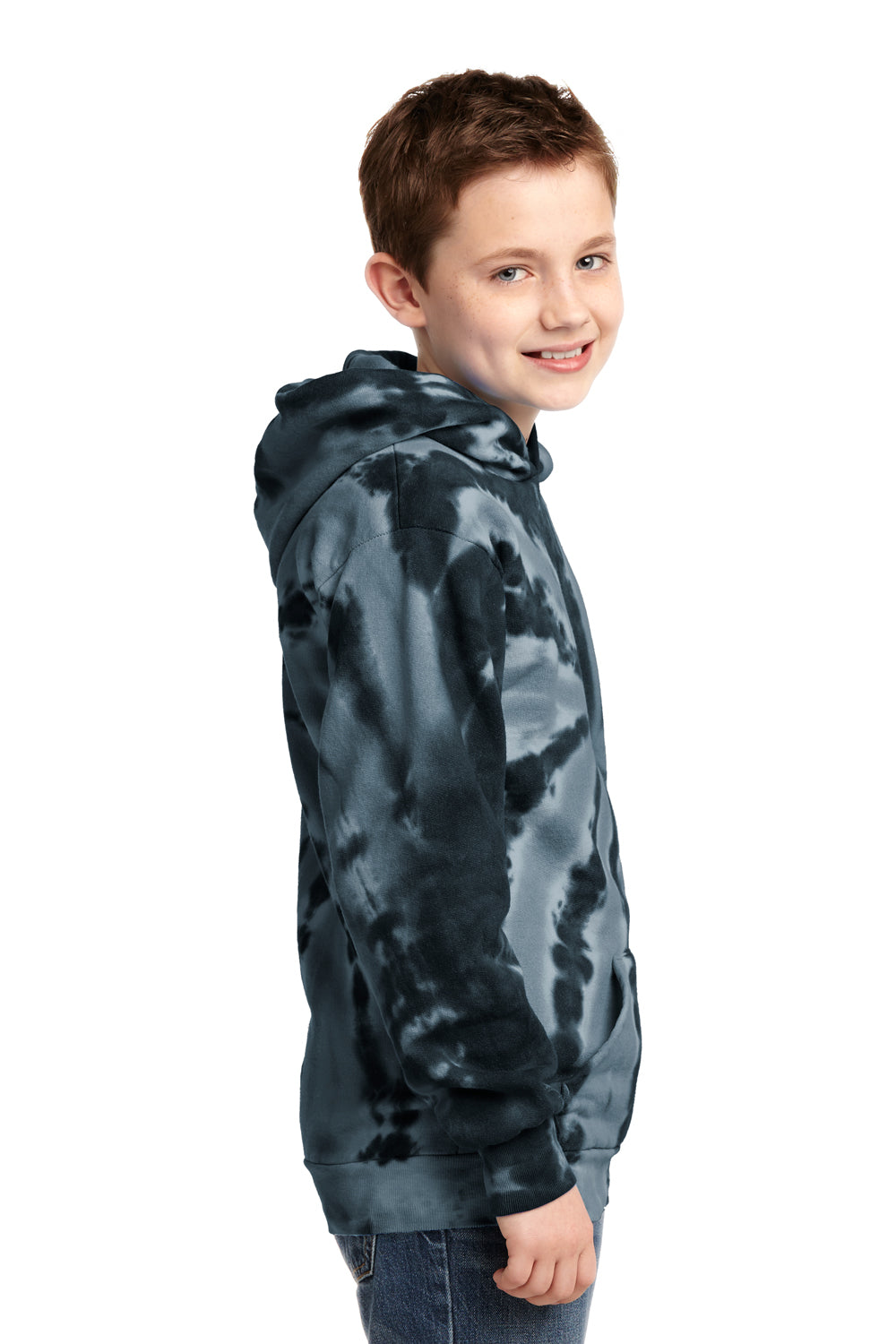 Port & Company PC146Y Youth Tie-Dye Fleece Hooded Sweatshirt Hoodie Black Side