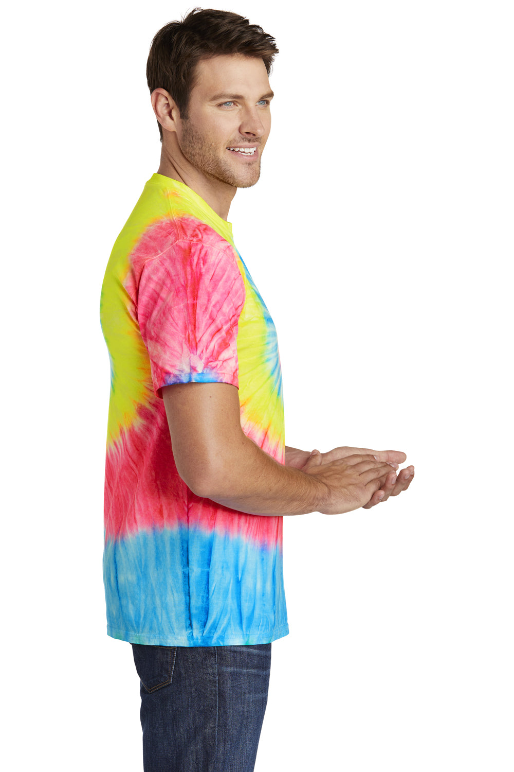 Port & Company PC147 Mens Tie-Dye Short Sleeve Crewneck T-Shirt Neon Rainbow Side