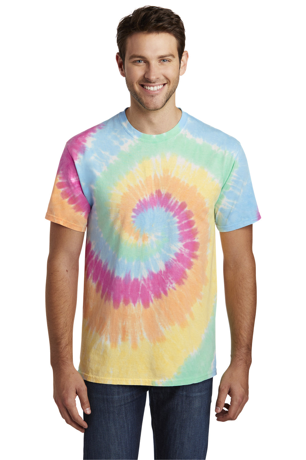 Port & Company PC147 Mens Tie-Dye Short Sleeve Crewneck T-Shirt Pastel Rainbow Front