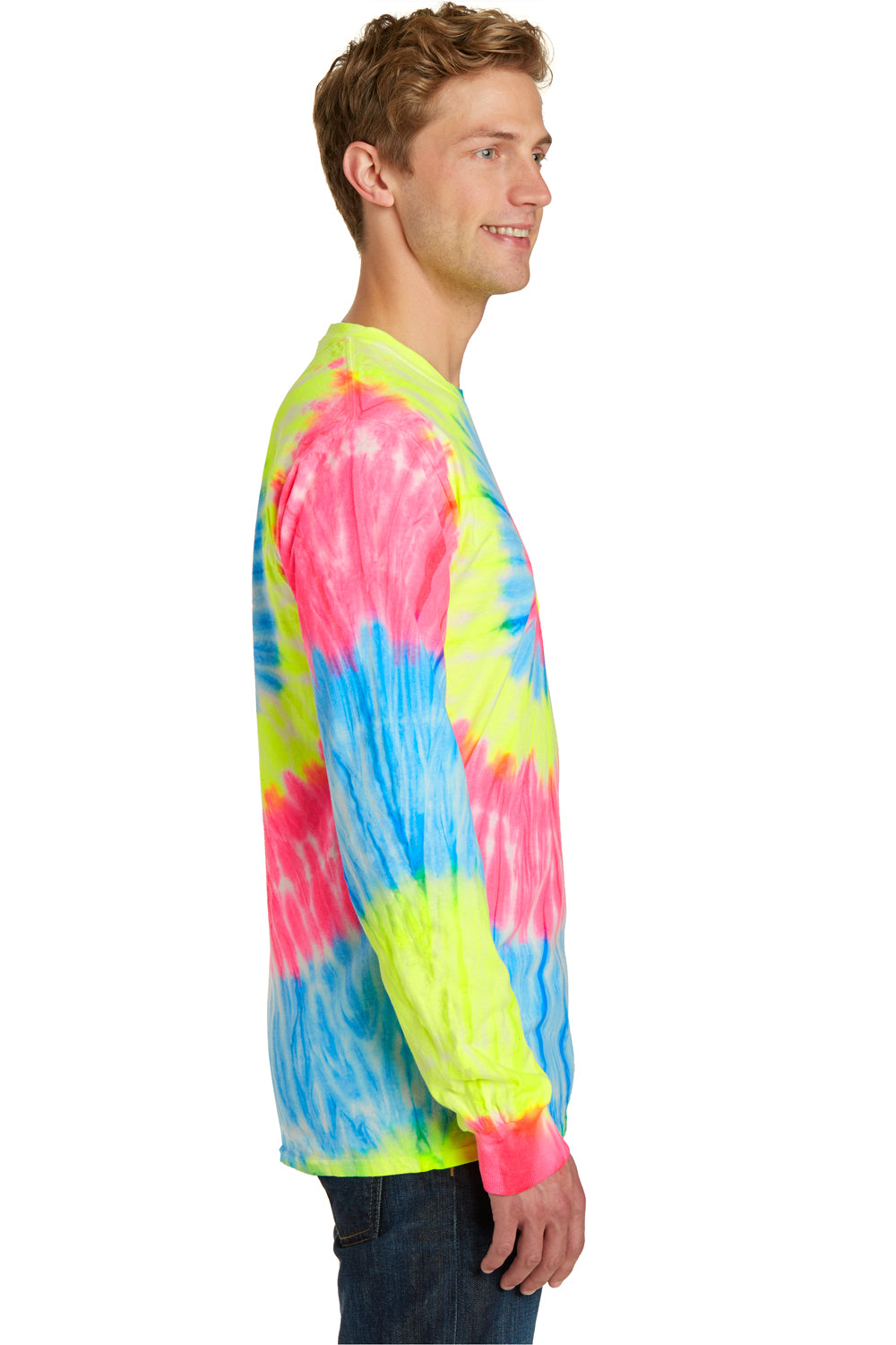 Port & Company PC147LS Mens Tie-Dye Long Sleeve Crewneck T-Shirt Neon Rainbow Side