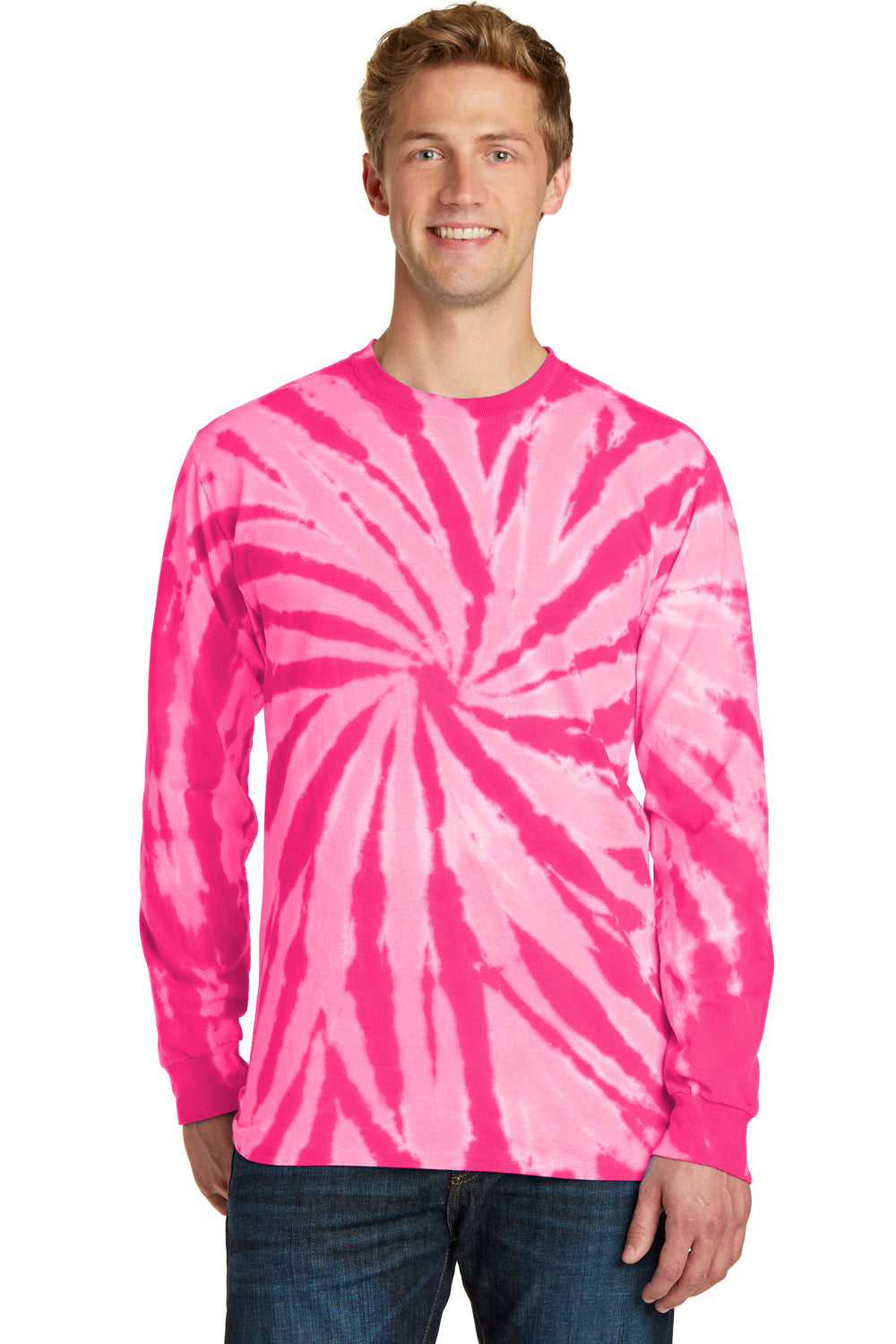 Port & Company PC147LS Mens Tie-Dye Long Sleeve Crewneck T-Shirt Pink Front