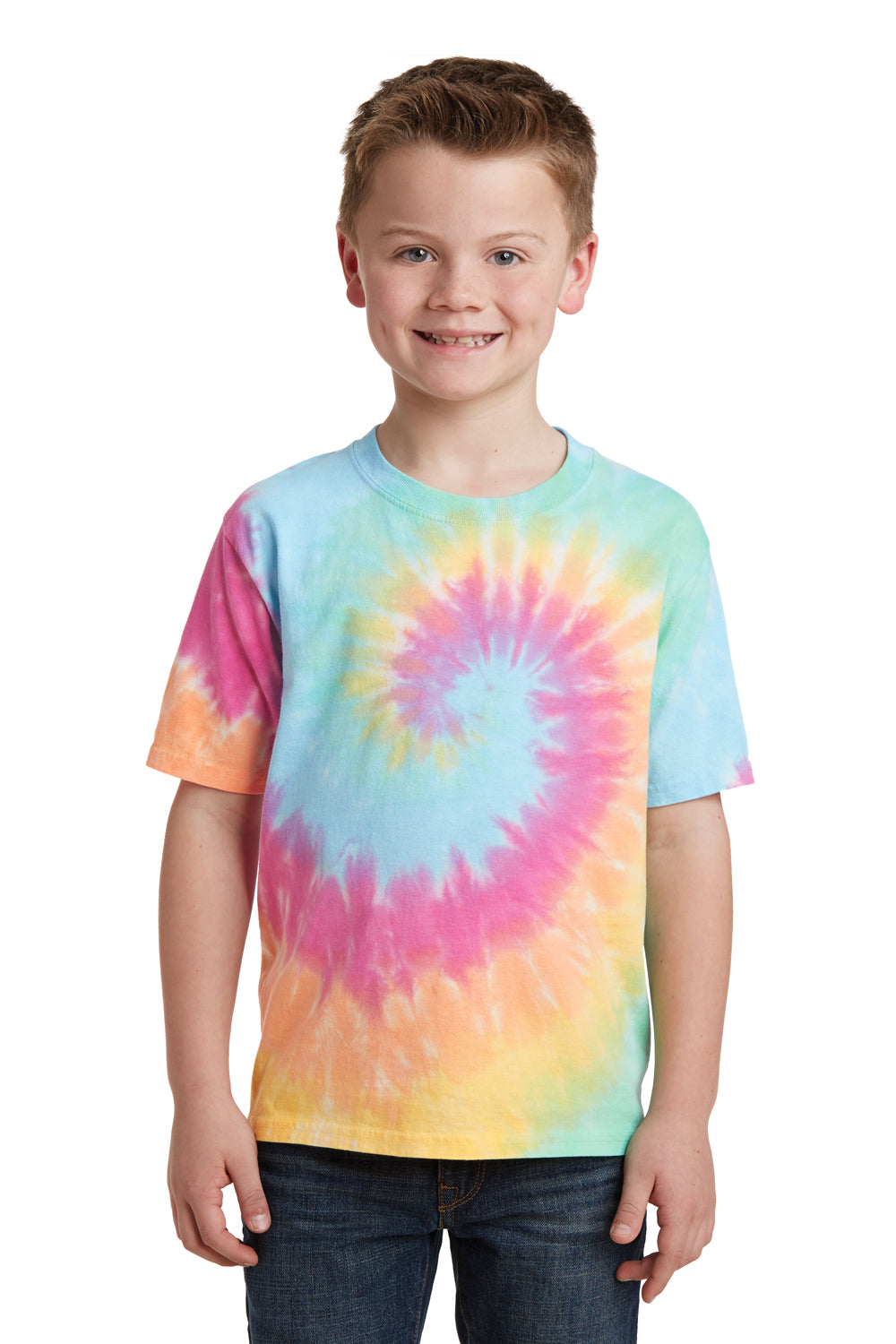 Port & Company PC147Y Youth Tie-Dye Short Sleeve Crewneck T-Shirt Pastel Rainbow Front