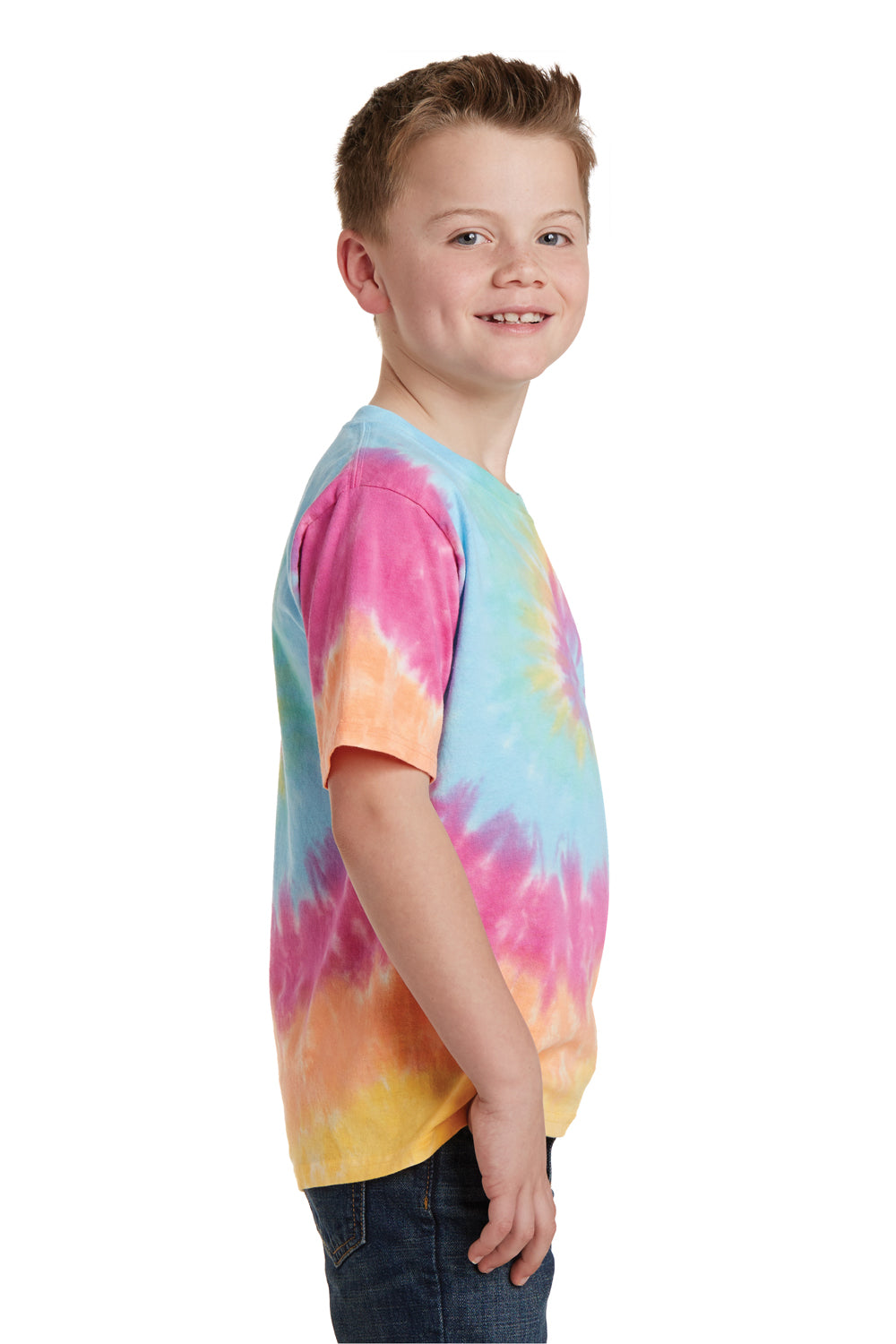 Port & Company PC147Y Youth Tie-Dye Short Sleeve Crewneck T-Shirt Pastel Rainbow Side